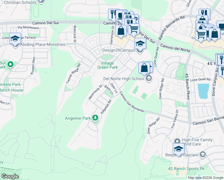 map of restaurants, bars, coffee shops, grocery stores, and more near 15890 Bass Lane in San Diego
