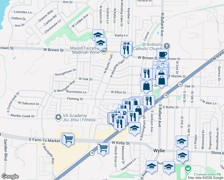 map of restaurants, bars, coffee shops, grocery stores, and more near 420 Elliot Street in Wylie