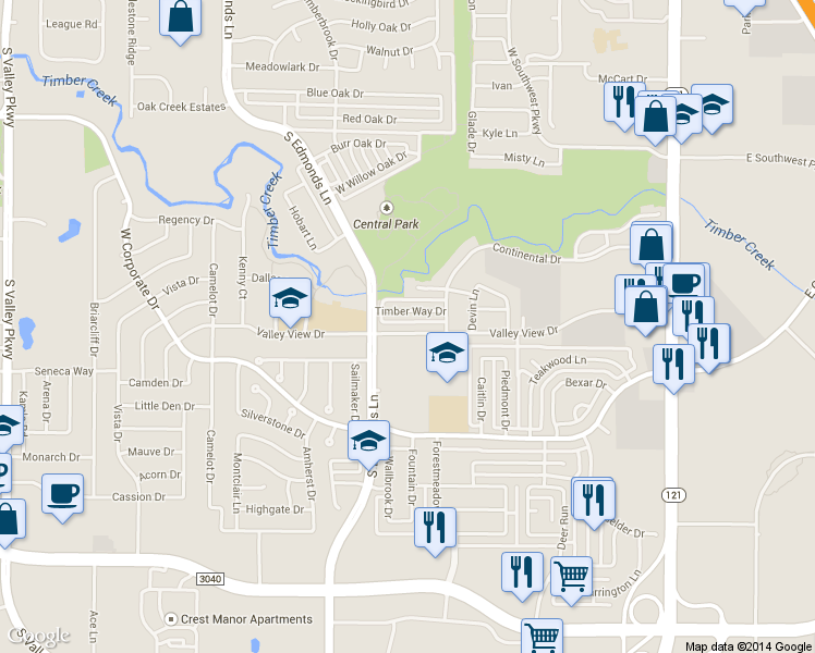 map of restaurants, bars, coffee shops, grocery stores, and more near 541 Valley View Drive in Lewisville