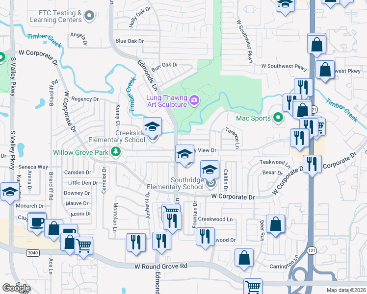 map of restaurants, bars, coffee shops, grocery stores, and more near 541 Valley View Drive in Lewisville