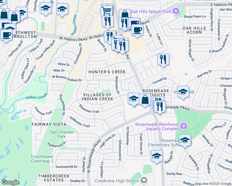 map of restaurants, bars, coffee shops, grocery stores, and more near 3806 Seminole Place in Carrollton