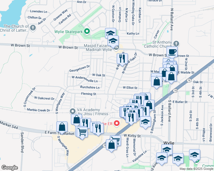 map of restaurants, bars, coffee shops, grocery stores, and more near 112 South Carriage House Way in Wylie