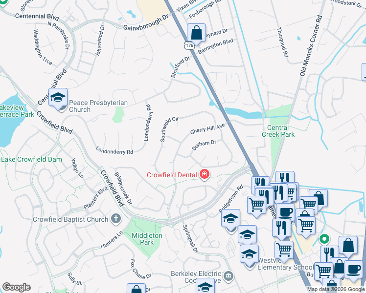 map of restaurants, bars, coffee shops, grocery stores, and more near 126 Cherry Hill Avenue in Goose Creek