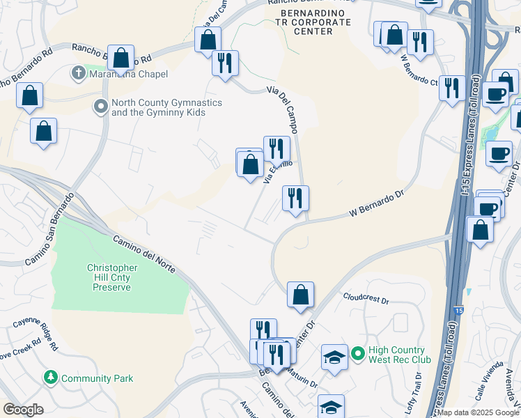 map of restaurants, bars, coffee shops, grocery stores, and more near 16465 Via Esprillo in San Diego