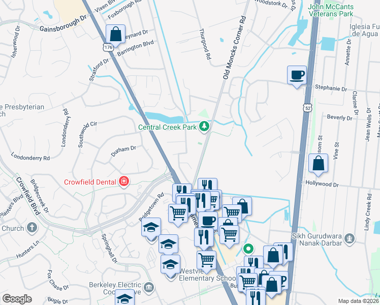 map of restaurants, bars, coffee shops, grocery stores, and more near 121 Foxborough Road in Goose Creek
