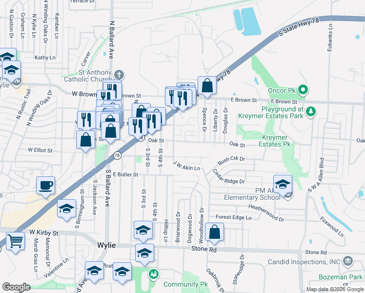 map of restaurants, bars, coffee shops, grocery stores, and more near 105 South 5th Street in Wylie