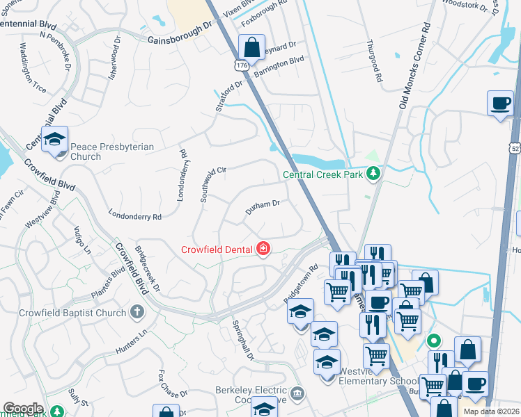map of restaurants, bars, coffee shops, grocery stores, and more near 108 Durham Drive in Goose Creek