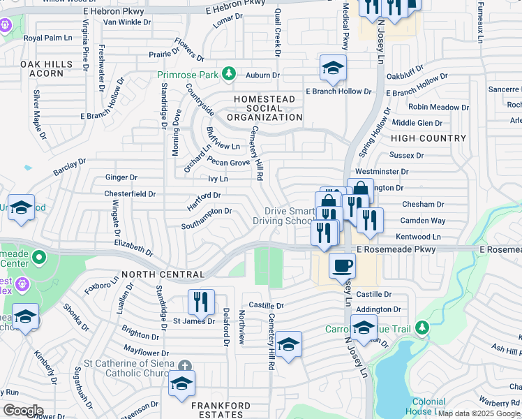 map of restaurants, bars, coffee shops, grocery stores, and more near 1755 Hartford Drive in Carrollton