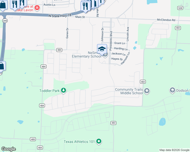 map of restaurants, bars, coffee shops, grocery stores, and more near 17 Mustang Court in Lavon