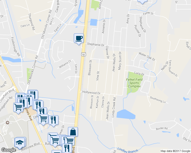 map of restaurants, bars, coffee shops, grocery stores, and more near 219 Vine Street in Goose Creek