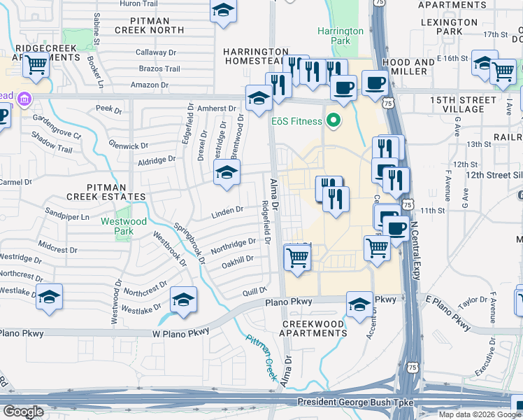 map of restaurants, bars, coffee shops, grocery stores, and more near 905 Ridgefield Drive in Plano