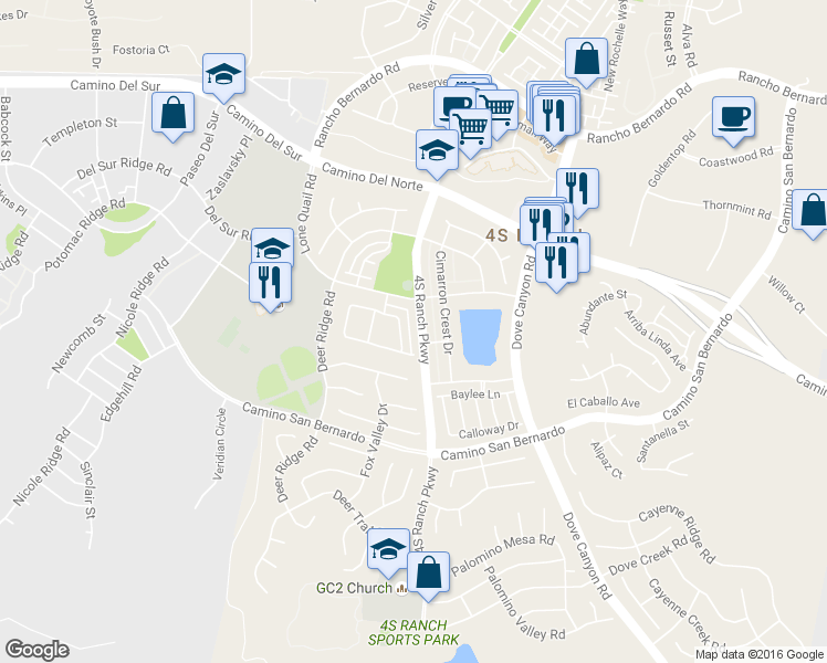 map of restaurants, bars, coffee shops, grocery stores, and more near 16557 4S Ranch Parkway in San Diego