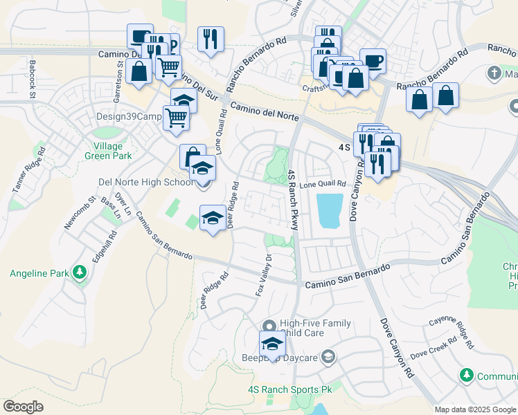 map of restaurants, bars, coffee shops, grocery stores, and more near 9912 Fieldthorn Street in San Diego