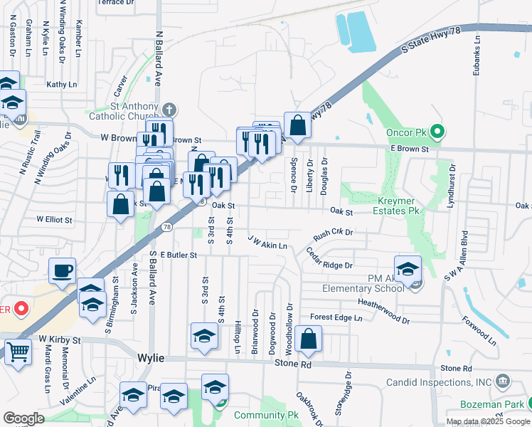 map of restaurants, bars, coffee shops, grocery stores, and more near 105 South 5th Street in Wylie