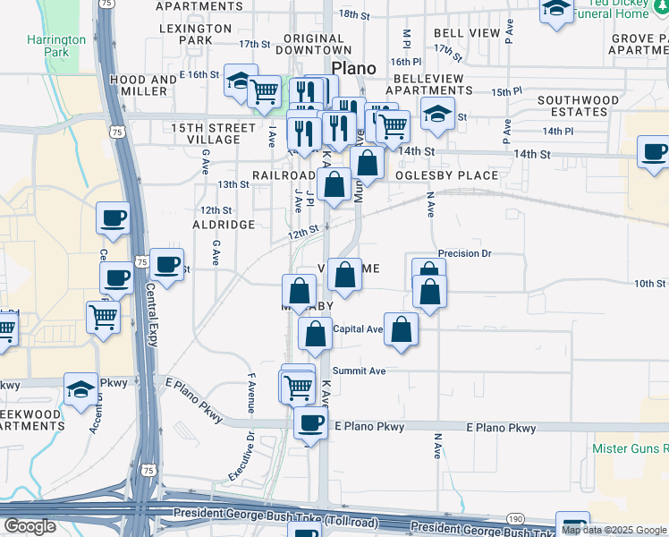 map of restaurants, bars, coffee shops, grocery stores, and more near 1100 11th Street in Plano
