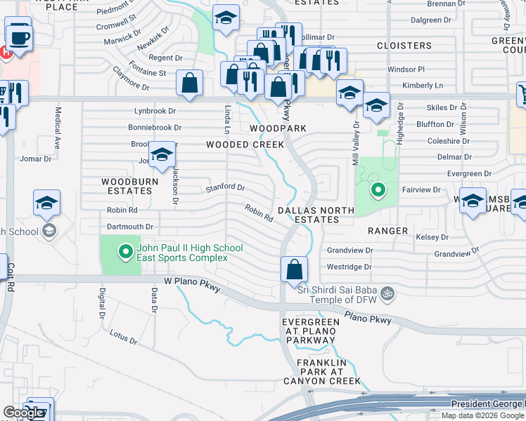 map of restaurants, bars, coffee shops, grocery stores, and more near 3009 Robin Road in Plano