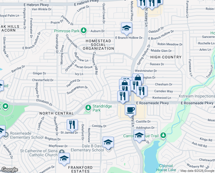 map of restaurants, bars, coffee shops, grocery stores, and more near 3714 Cemetery Hill Road in Carrollton