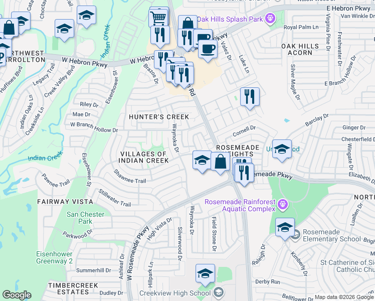 map of restaurants, bars, coffee shops, grocery stores, and more near 3809 Rockbrook Drive in Carrollton