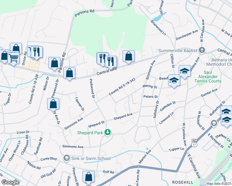 map of restaurants, bars, coffee shops, grocery stores, and more near 219 County Road S-18-342 in Summerville