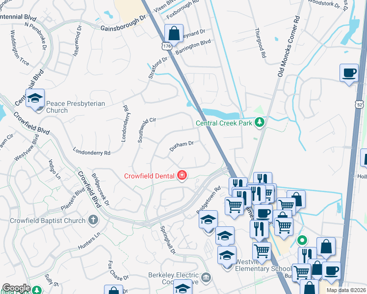 map of restaurants, bars, coffee shops, grocery stores, and more near 108 Durham Drive in Goose Creek
