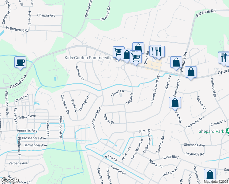 map of restaurants, bars, coffee shops, grocery stores, and more near 116 Lionel Lane in Summerville