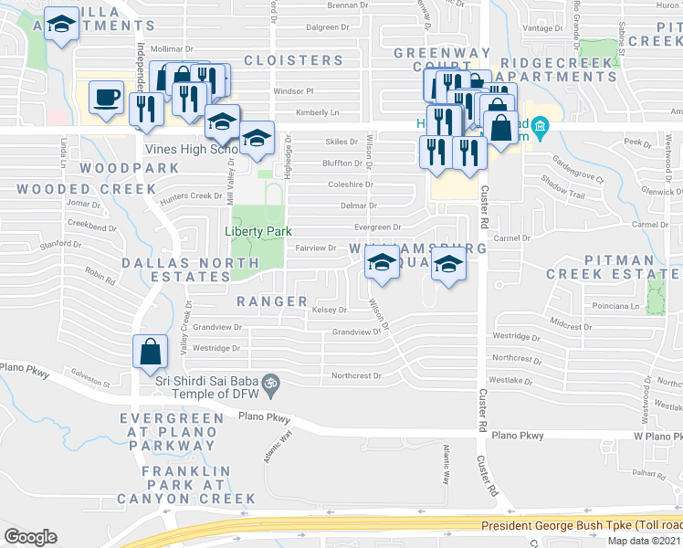 map of restaurants, bars, coffee shops, grocery stores, and more near 1121 Desco Drive in Plano