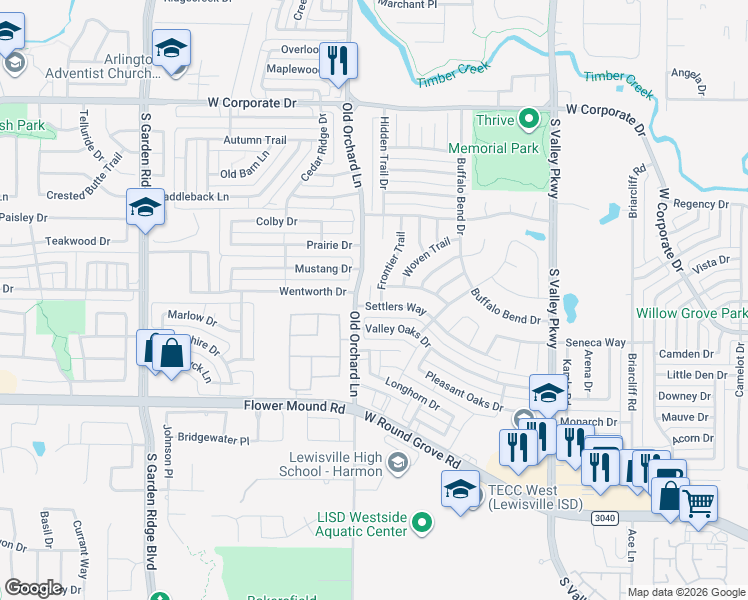 map of restaurants, bars, coffee shops, grocery stores, and more near 1237 Settlers Way in Lewisville