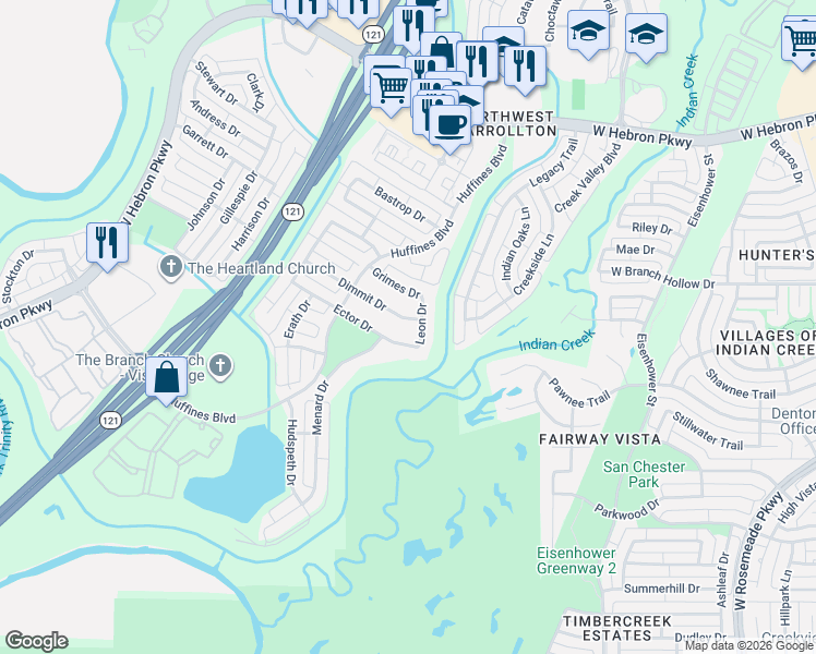 map of restaurants, bars, coffee shops, grocery stores, and more near 1405 Dimmit Drive in Carrollton