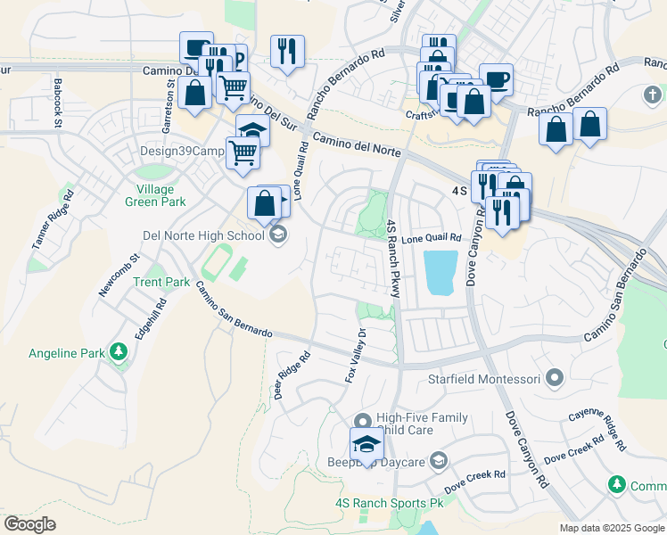 map of restaurants, bars, coffee shops, grocery stores, and more near 9912 Fieldthorn Street in San Diego