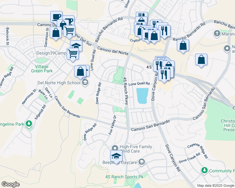 map of restaurants, bars, coffee shops, grocery stores, and more near 9724 Fieldthorn Street in San Diego
