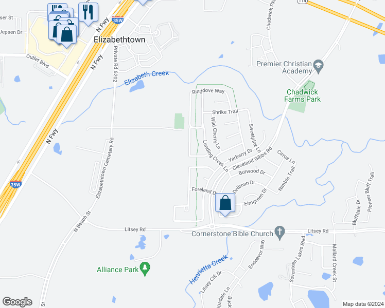 map of restaurants, bars, coffee shops, grocery stores, and more near 15600 Gatehouse Drive in Roanoke