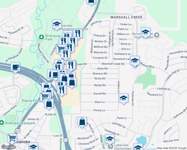 map of restaurants, bars, coffee shops, grocery stores, and more near 313 Branson Road in Roanoke