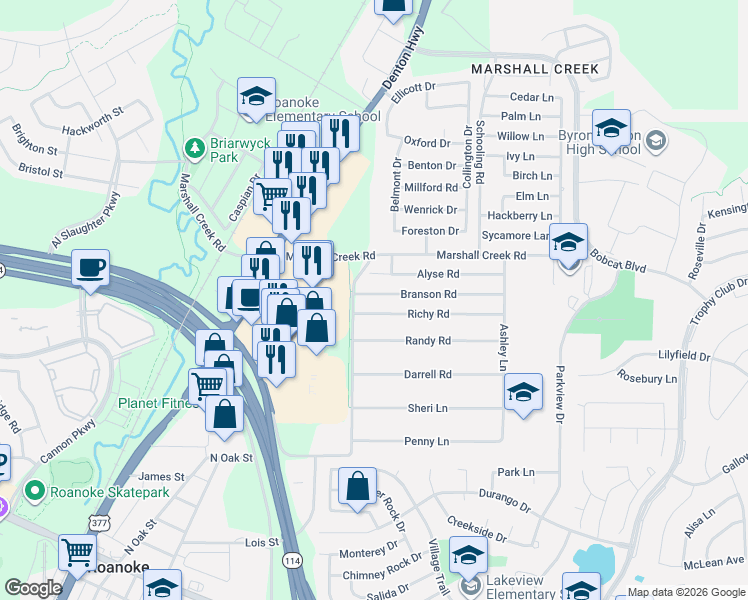 map of restaurants, bars, coffee shops, grocery stores, and more near 305 Branson Road in Roanoke