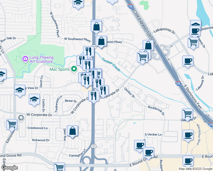 map of restaurants, bars, coffee shops, grocery stores, and more near 247 East Corporate Drive in Lewisville