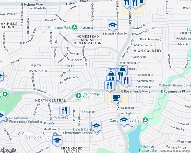 map of restaurants, bars, coffee shops, grocery stores, and more near 3714 Cemetery Hill Road in Carrollton