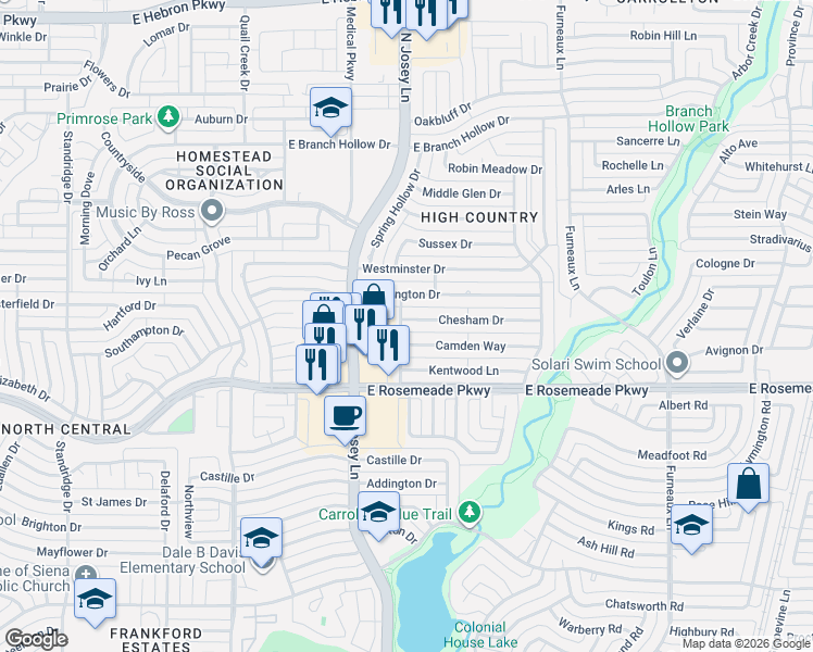 map of restaurants, bars, coffee shops, grocery stores, and more near 1910 Chesham Drive in Carrollton