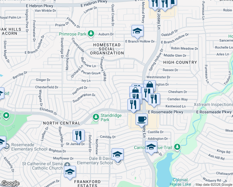 map of restaurants, bars, coffee shops, grocery stores, and more near 3719 Westminster Drive in Carrollton