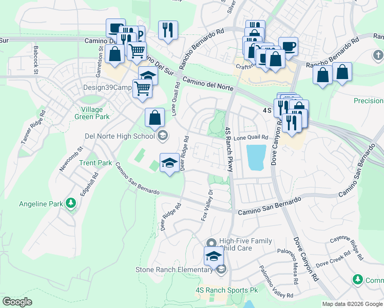 map of restaurants, bars, coffee shops, grocery stores, and more near 9903 Fieldthorn Street in San Diego