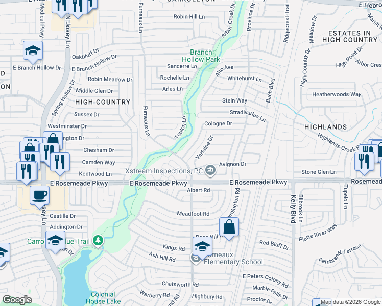 map of restaurants, bars, coffee shops, grocery stores, and more near 2006 Cologne Drive in Carrollton