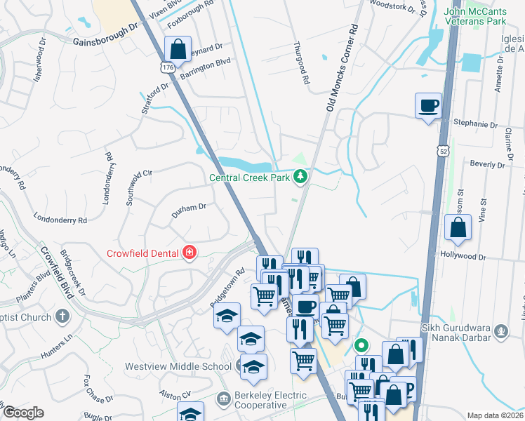 map of restaurants, bars, coffee shops, grocery stores, and more near 5 Duck Pond Court in Goose Creek