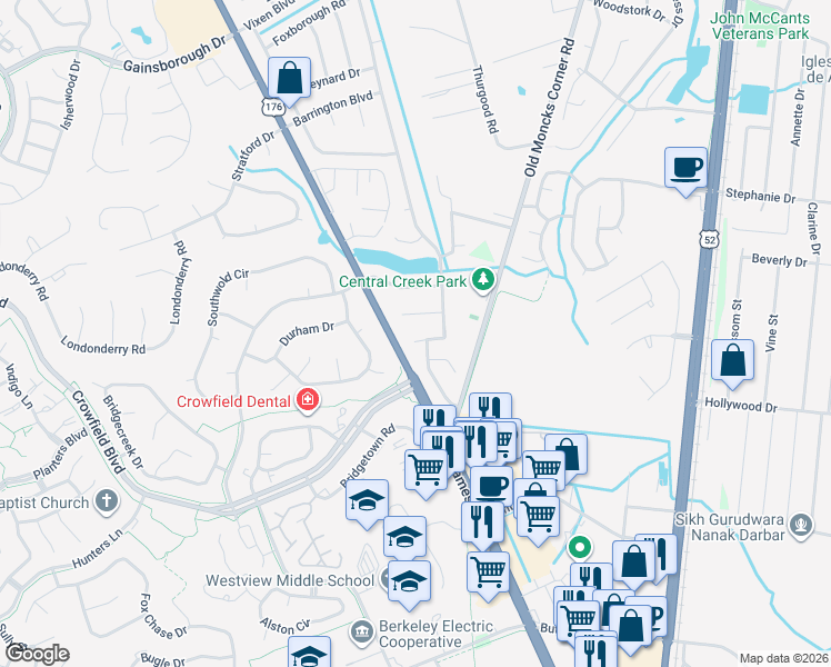 map of restaurants, bars, coffee shops, grocery stores, and more near 5 Duck Pond Court in Goose Creek
