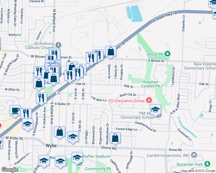 map of restaurants, bars, coffee shops, grocery stores, and more near 612 Oak Street in Wylie