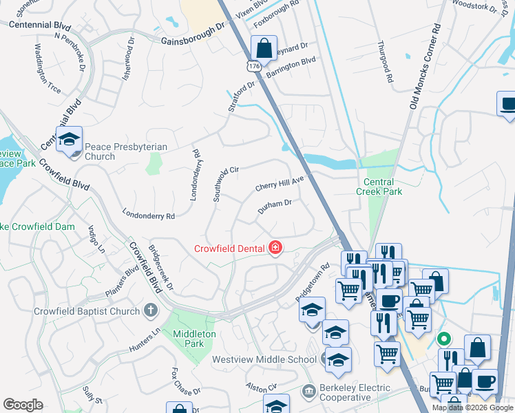 map of restaurants, bars, coffee shops, grocery stores, and more near 126 Cherry Hill Avenue in Goose Creek