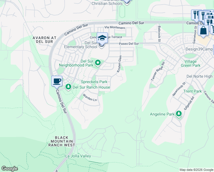 map of restaurants, bars, coffee shops, grocery stores, and more near 15655 Paseo Montenero in San Diego