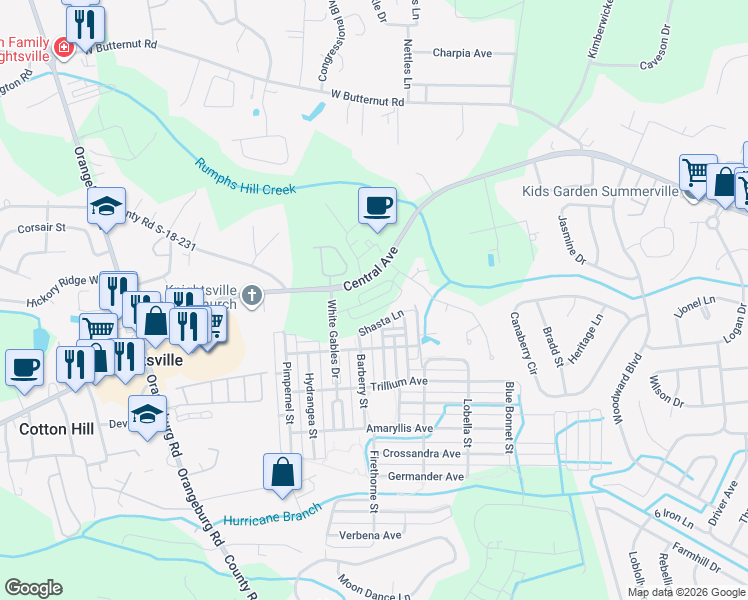 map of restaurants, bars, coffee shops, grocery stores, and more near 1439 Central Avenue in Summerville