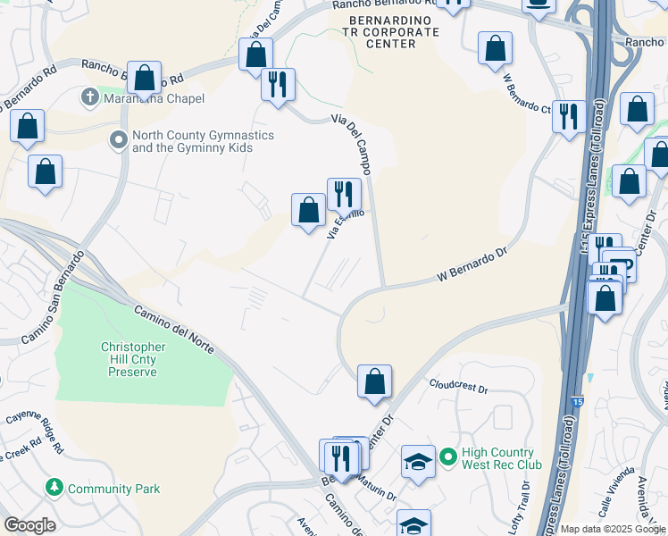 map of restaurants, bars, coffee shops, grocery stores, and more near 16465 Via Esprillo in San Diego