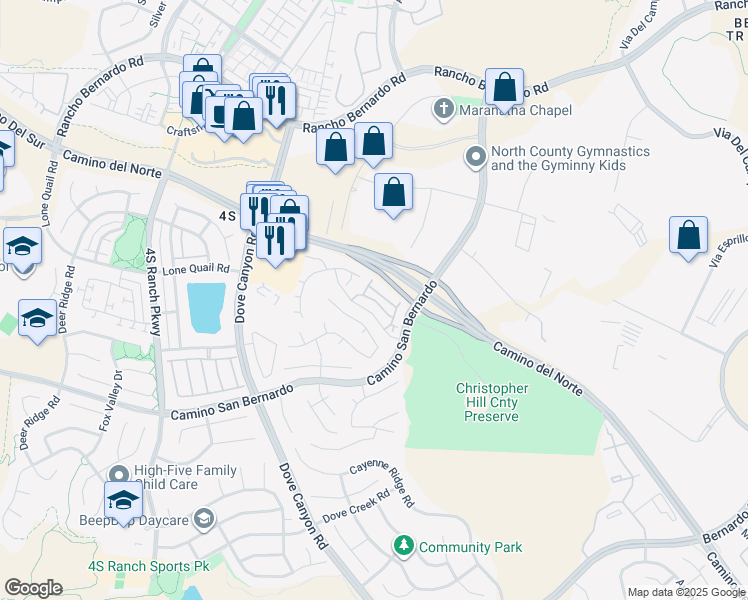 map of restaurants, bars, coffee shops, grocery stores, and more near 16979 Robins Nest Way in San Diego
