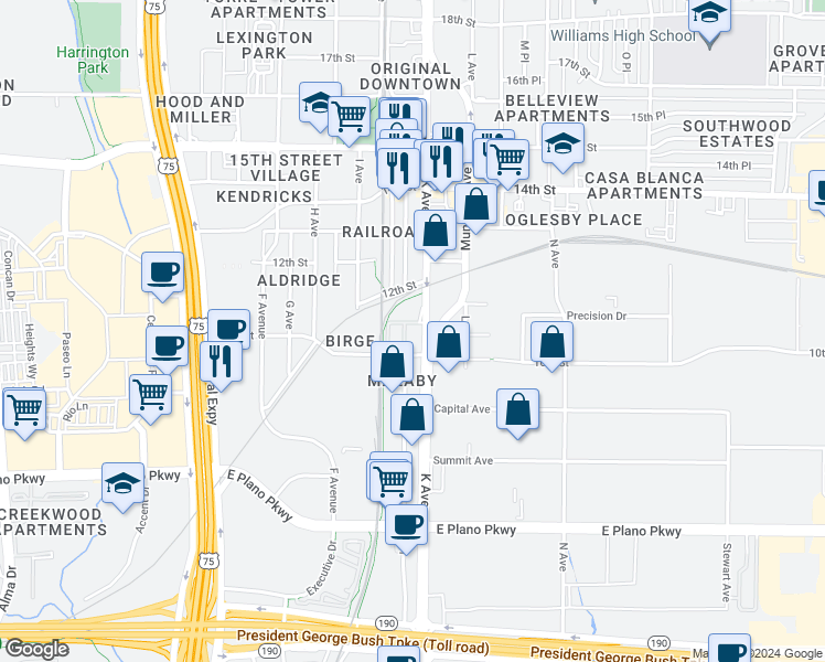 map of restaurants, bars, coffee shops, grocery stores, and more near 1012 J Place in Plano