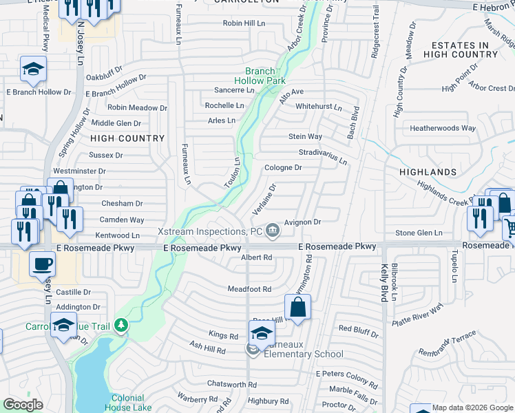 map of restaurants, bars, coffee shops, grocery stores, and more near 2006 Cologne Drive in Carrollton