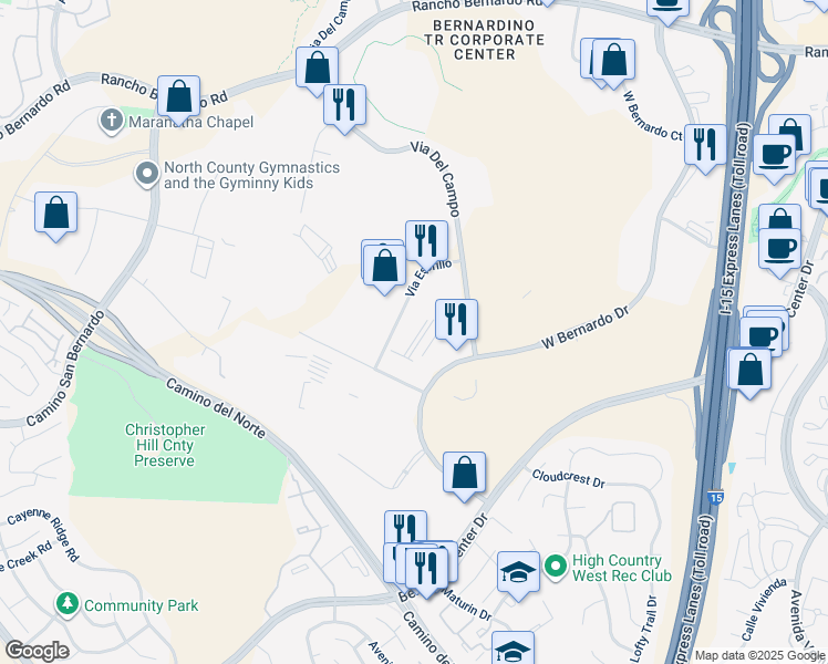 map of restaurants, bars, coffee shops, grocery stores, and more near 16465 Via Esprillo in San Diego